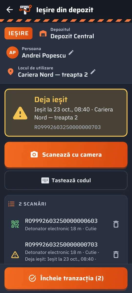 Semnalul „Deja ieșit” în aplicația Trasabilitate Explozibil, pe telefon (date demonstrative)