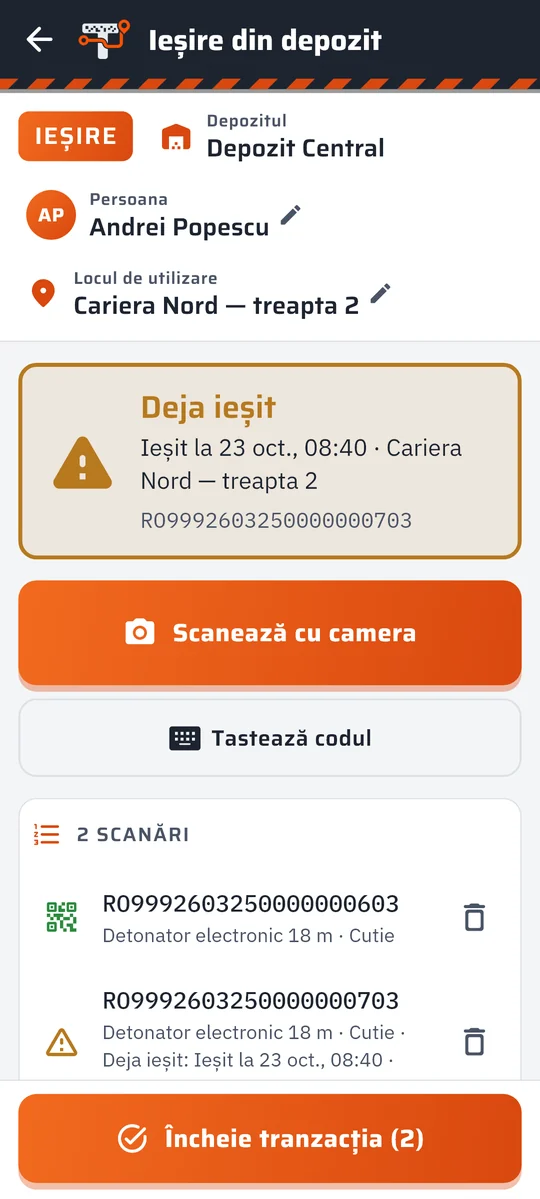 Semnalul „Deja ieșit” în aplicația Trasabilitate Explozibil, pe telefon (date demonstrative)