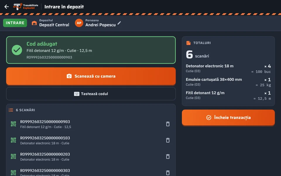 Tranzacția de intrare, pe tabletă în aplicația Trasabilitate Explozibil, pe tabletă (date demonstrative)