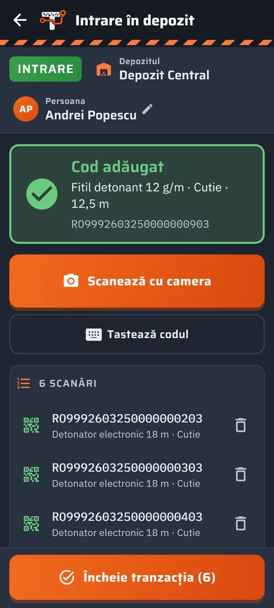 Tranzacția de intrare în aplicația Trasabilitate Explozibil, pe telefon (date demonstrative)