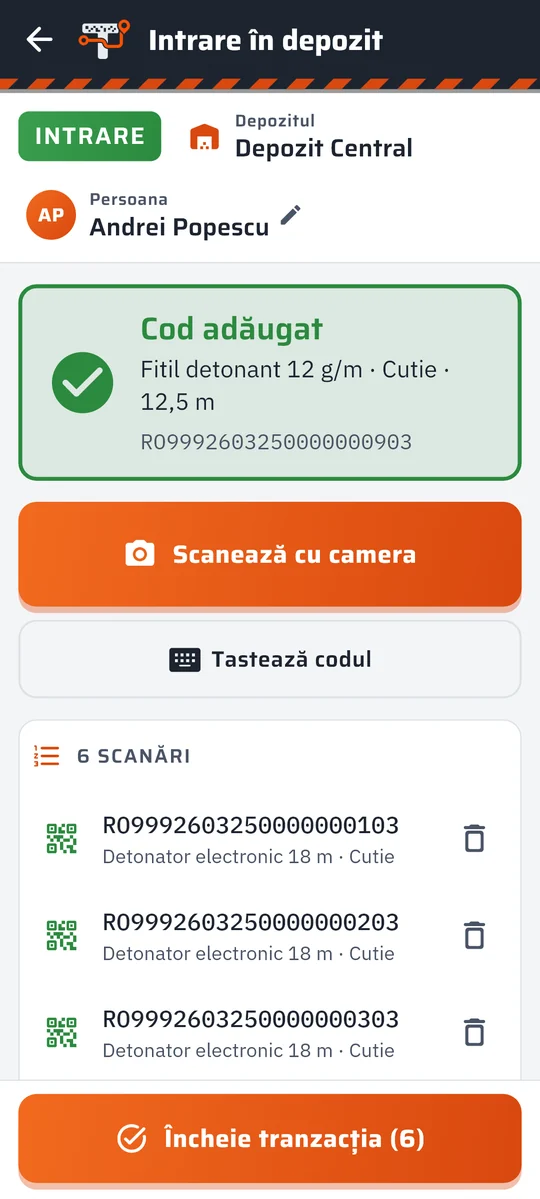 Tranzacția de intrare în aplicația Trasabilitate Explozibil, pe telefon (date demonstrative)