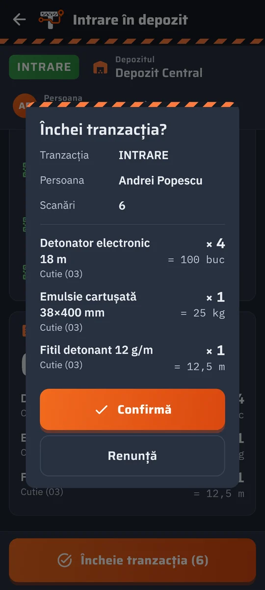 Încheierea tranzacției în aplicația Trasabilitate Explozibil, pe telefon (date demonstrative)
