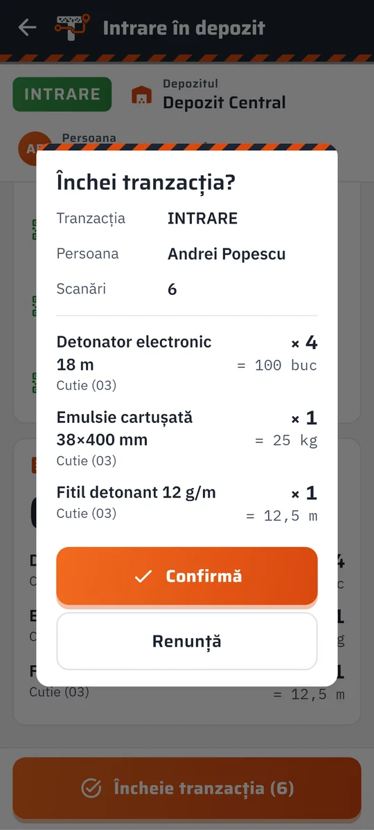 Încheierea tranzacției în aplicația Trasabilitate Explozibil, pe telefon (date demonstrative)
