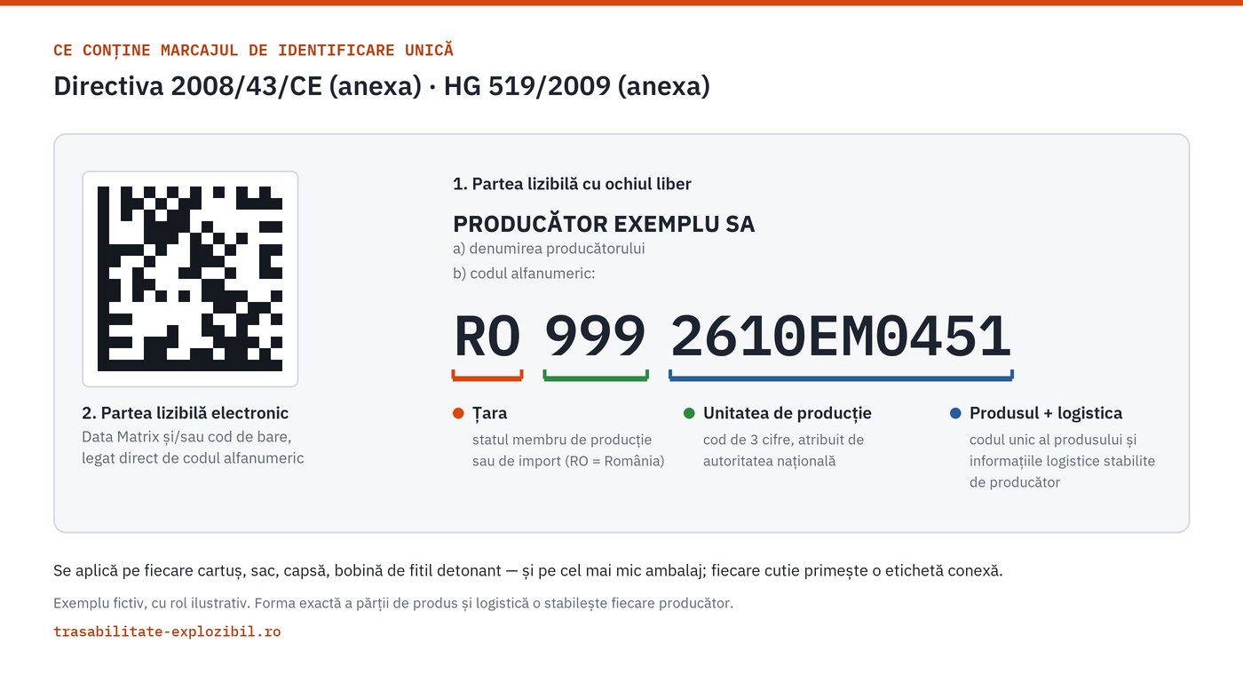 Schema marcajului de identificare unică a unui exploziv: cod Data Matrix, numele producătorului și codul alfanumeric format din țară, codul fabricii și codul produsului cu informațiile logistice