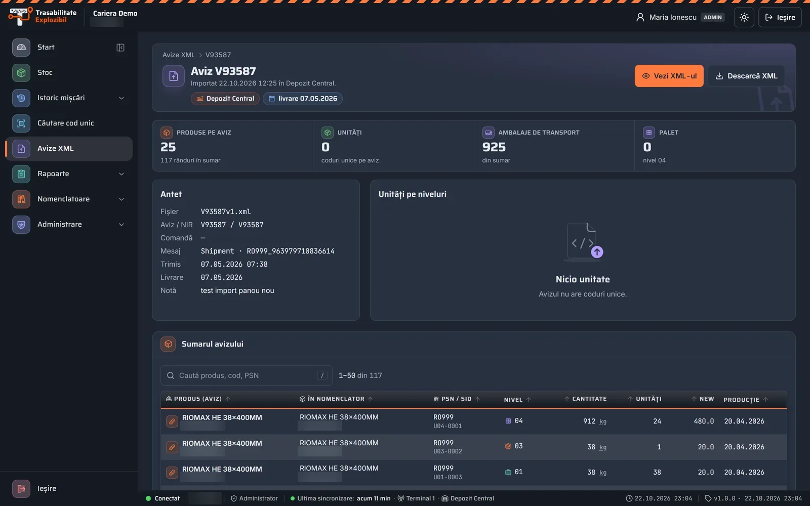 Detaliul unui aviz în portalul Trasabilitate Explozibil, pe calculator (date demonstrative)