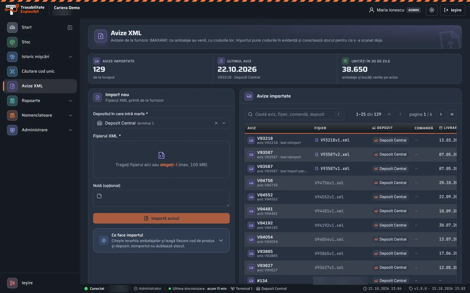 Avizele XML ale furnizorului în portalul Trasabilitate Explozibil, pe calculator (date demonstrative)