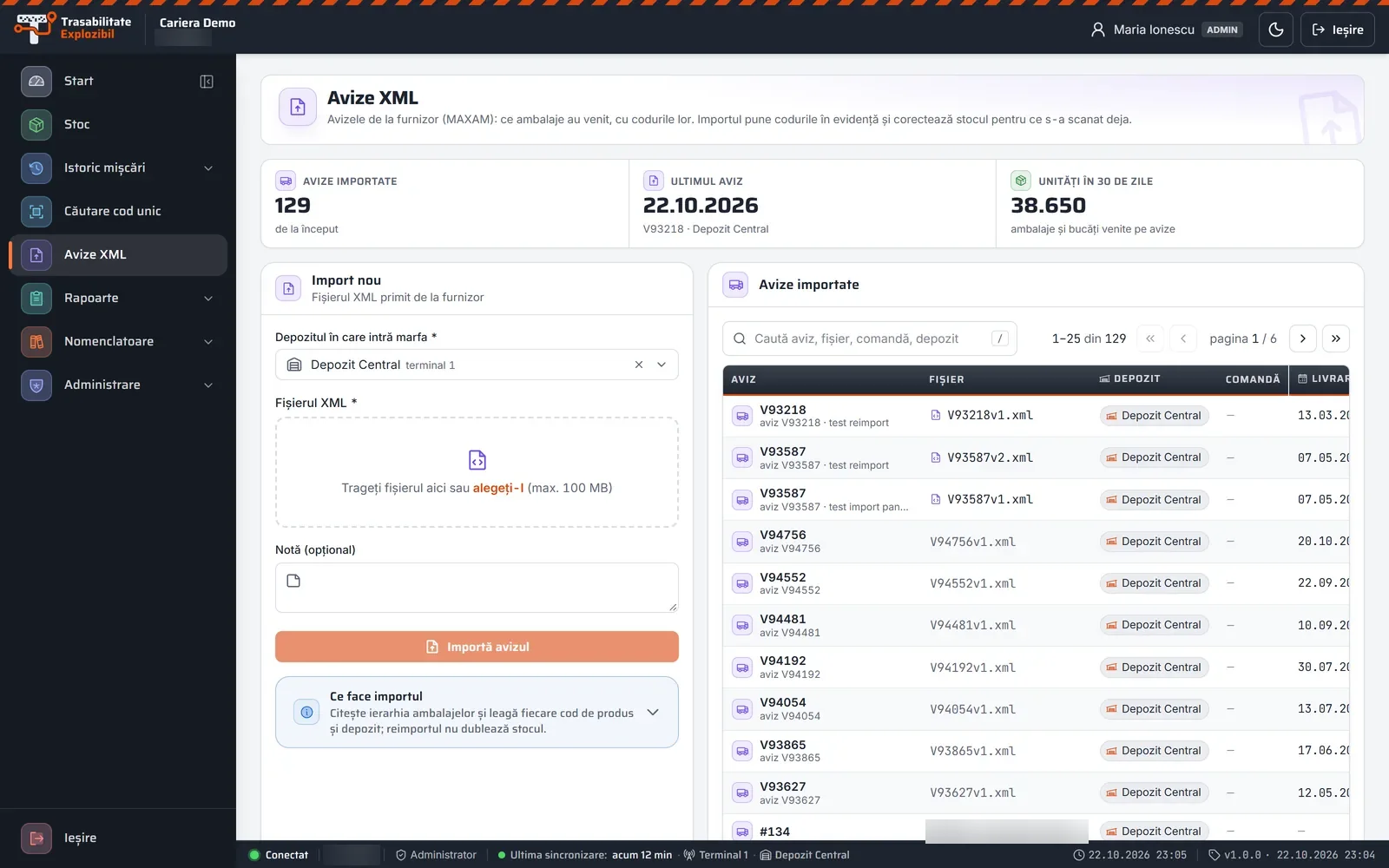 Avizele XML ale furnizorului în portalul Trasabilitate Explozibil, pe calculator (date demonstrative)