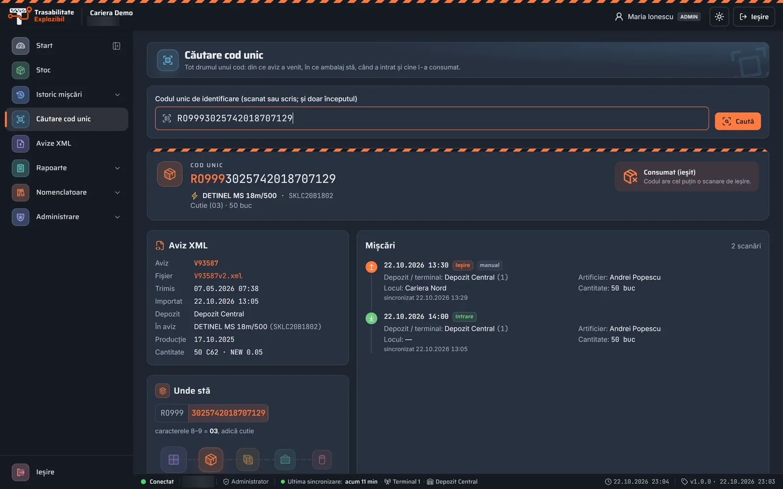 Căutarea unui cod unic în portalul Trasabilitate Explozibil, pe calculator (date demonstrative)