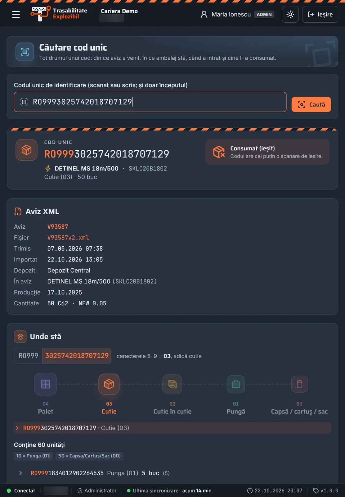 Un cod, pe tabletă în portalul Trasabilitate Explozibil, pe tabletă (date demonstrative)