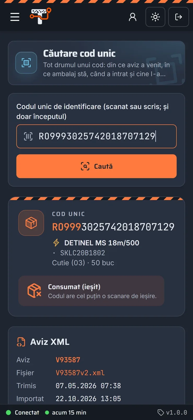 Un cod, pe telefon în portalul Trasabilitate Explozibil, pe telefon (date demonstrative)