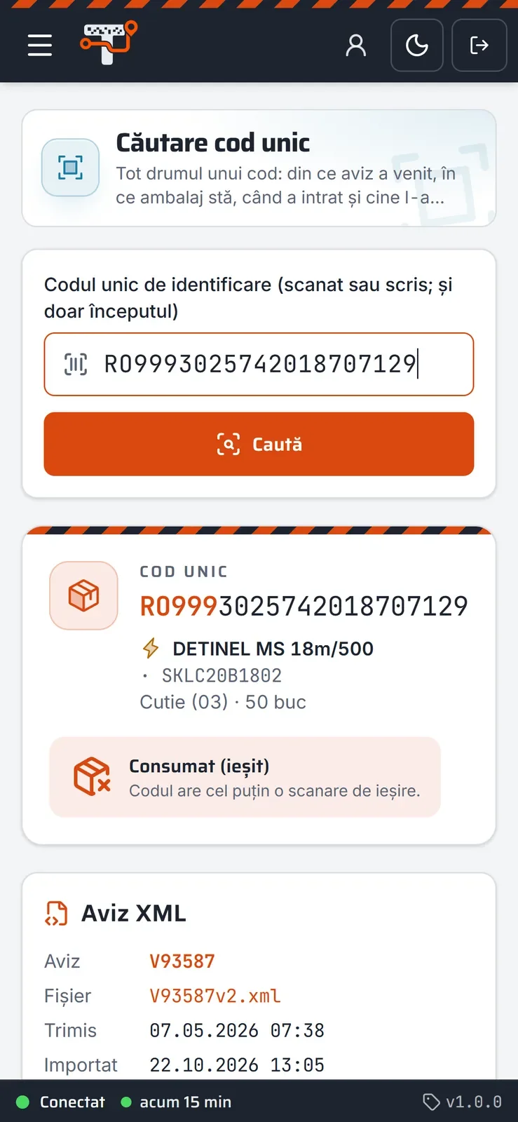 Un cod, pe telefon în portalul Trasabilitate Explozibil, pe telefon (date demonstrative)