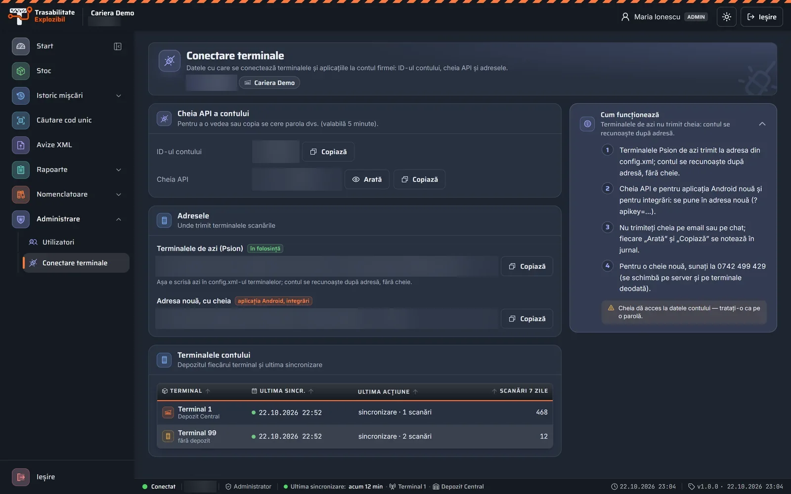 Conectarea terminalelor în portalul Trasabilitate Explozibil, pe calculator (date demonstrative)