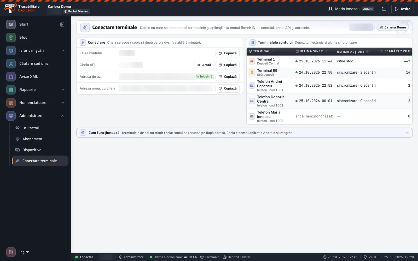 Conectarea terminalelor în portalul Trasabilitate Explozibil, pe calculator (date demonstrative)