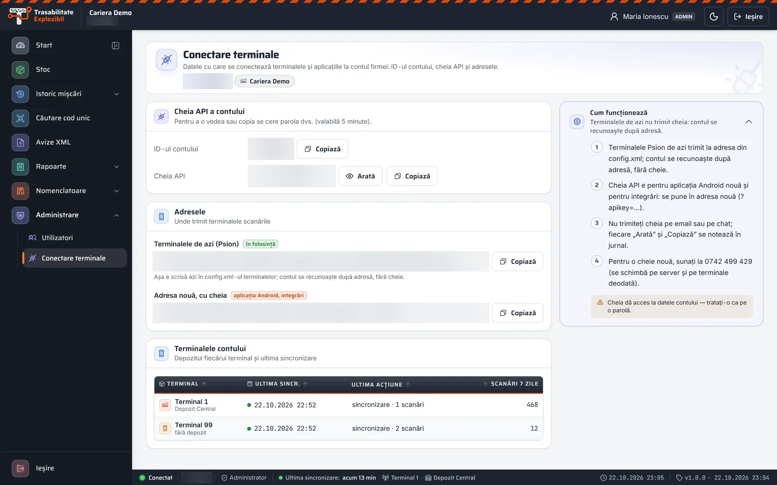 Conectarea terminalelor în portalul Trasabilitate Explozibil, pe calculator (date demonstrative)