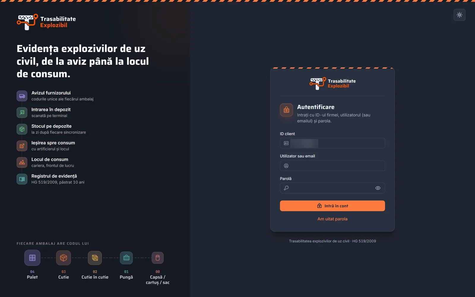 Intrarea în panou în portalul Trasabilitate Explozibil, pe calculator (date demonstrative)