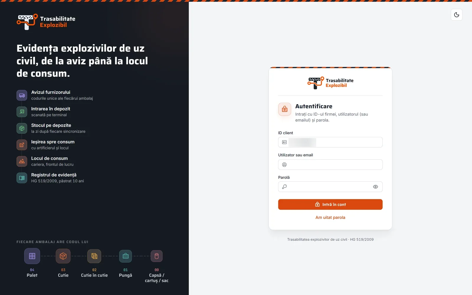 Intrarea în panou în portalul Trasabilitate Explozibil, pe calculator (date demonstrative)