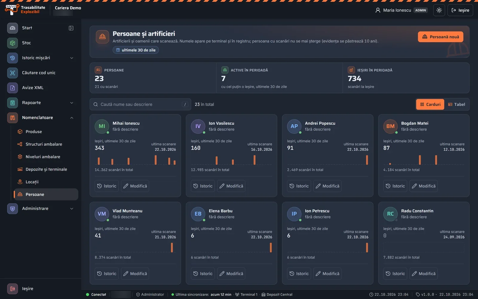Artificierii în portalul Trasabilitate Explozibil, pe calculator (date demonstrative)