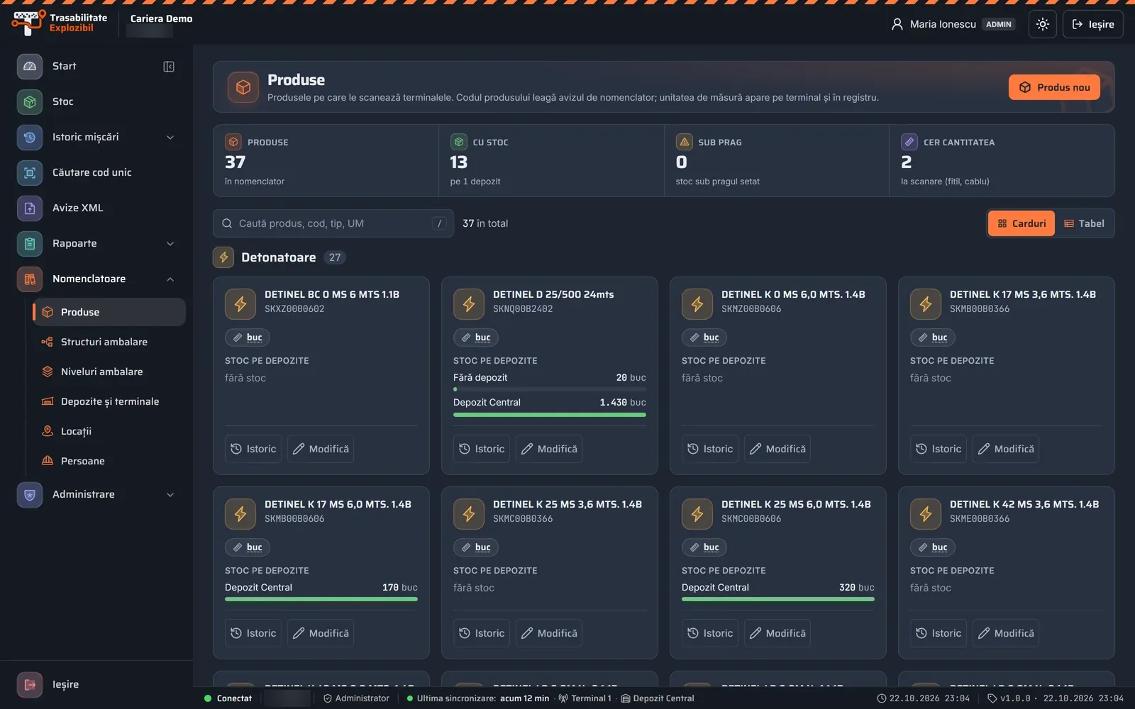 Produsele, pe tipuri în portalul Trasabilitate Explozibil, pe calculator (date demonstrative)