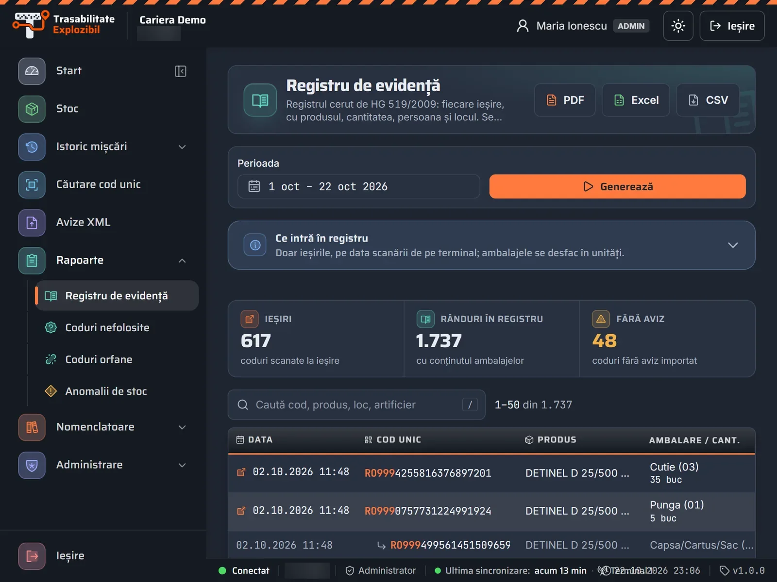 Registrul, pe tabletă în portalul Trasabilitate Explozibil, pe tabletă (date demonstrative)
