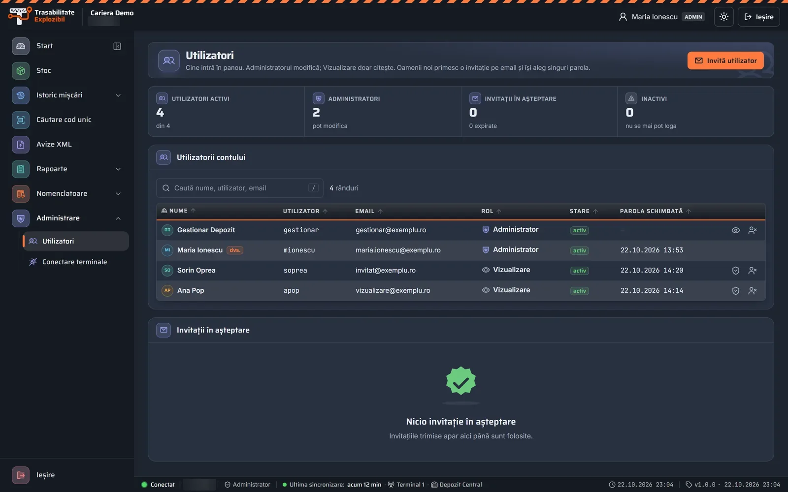 Utilizatori și roluri în portalul Trasabilitate Explozibil, pe calculator (date demonstrative)