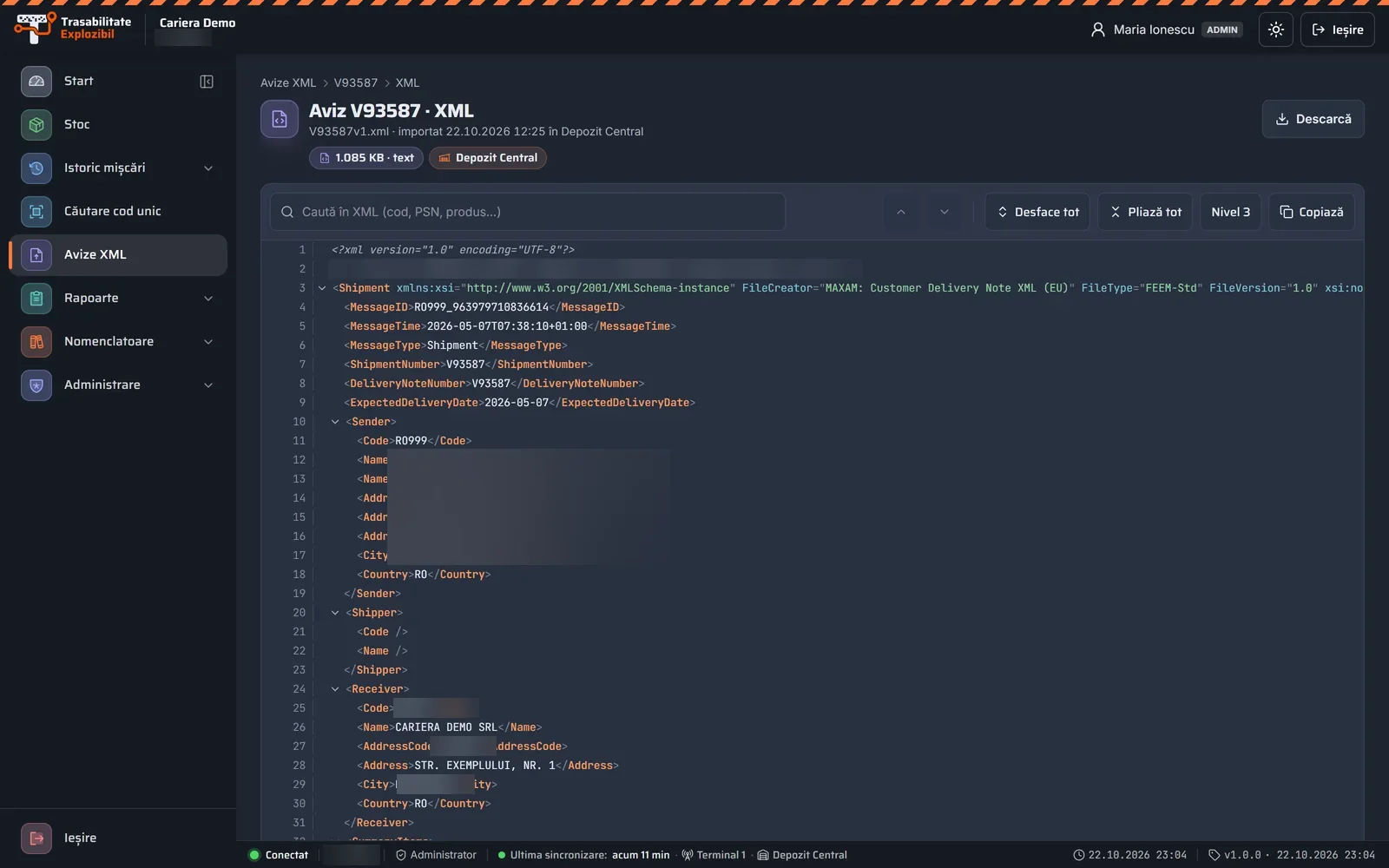 Vizualizatorul XML în portalul Trasabilitate Explozibil, pe calculator (date demonstrative)