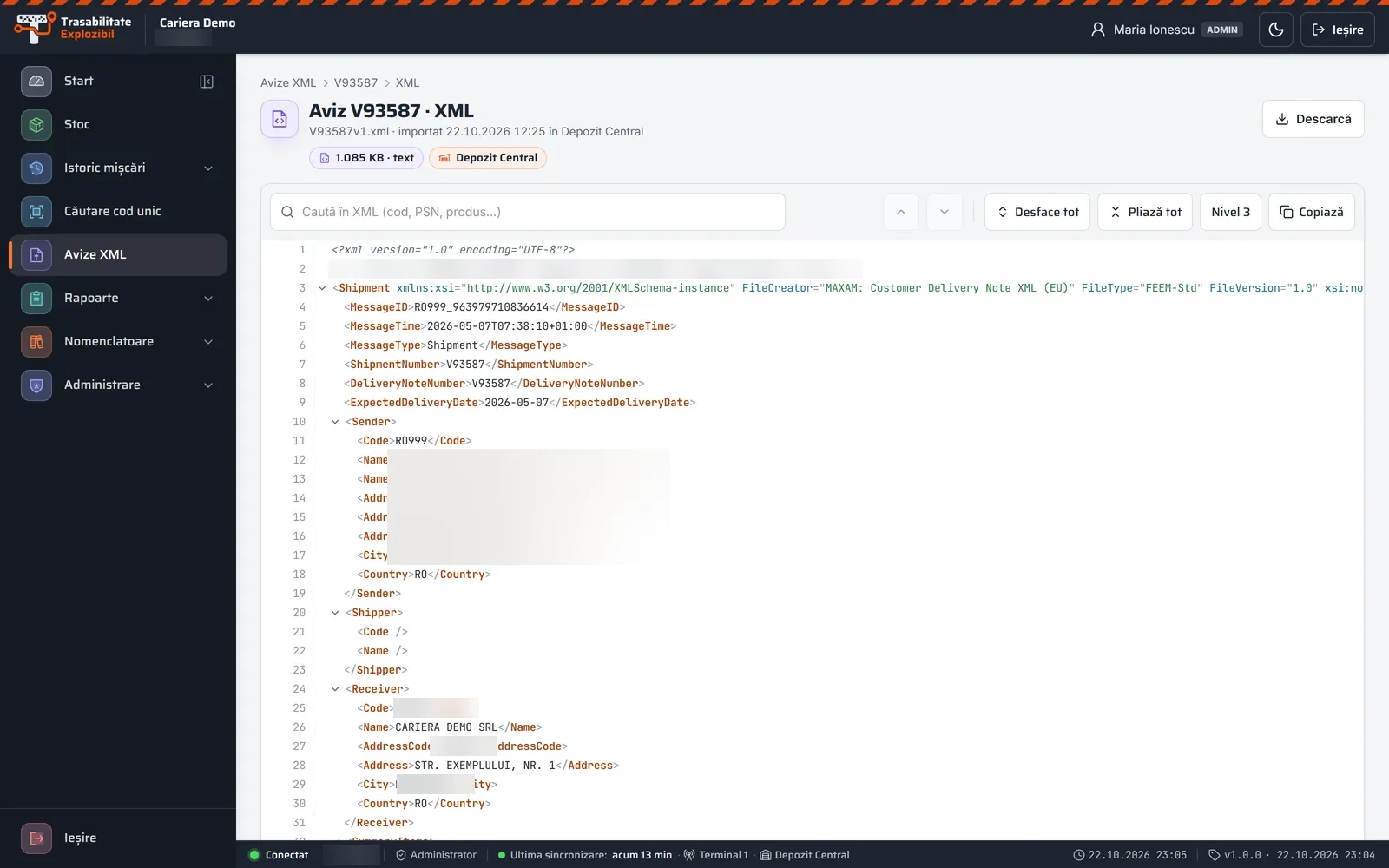 Vizualizatorul XML în portalul Trasabilitate Explozibil, pe calculator (date demonstrative)