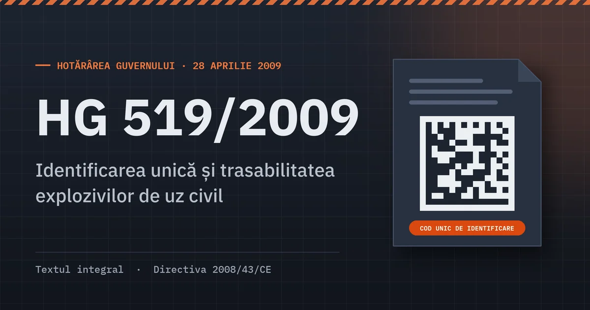 Hotărârea nr. 519/2009 privind instituirea unui sistem de identificare unică și trasabilitate a explozivilor de uz civil