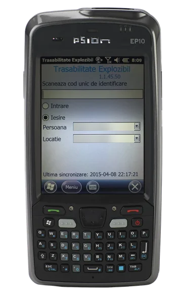 Terminalul Psion EP10 cu aplicația Trasabilitate Explozibil pe Windows Mobile: ecranul de scanare cu intrare sau ieșire, persoană și locație