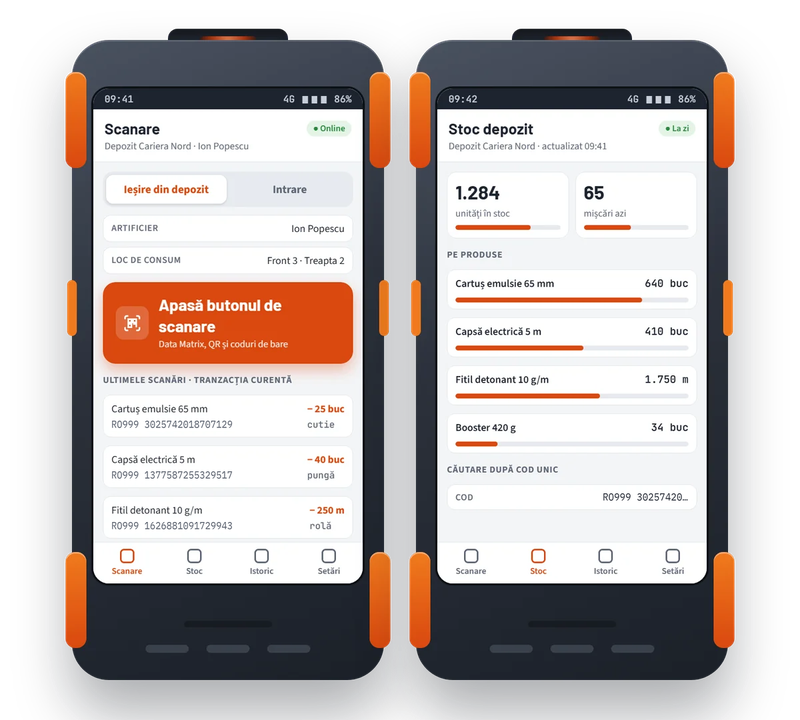 Două terminale Android robuste cu aplicația Trasabilitate Explozibil: ecranul Scanare, cu ieșirea din depozit, artificierul și ultimele coduri scanate, și ecranul Stoc depozit, cu unitățile în stoc pe produse